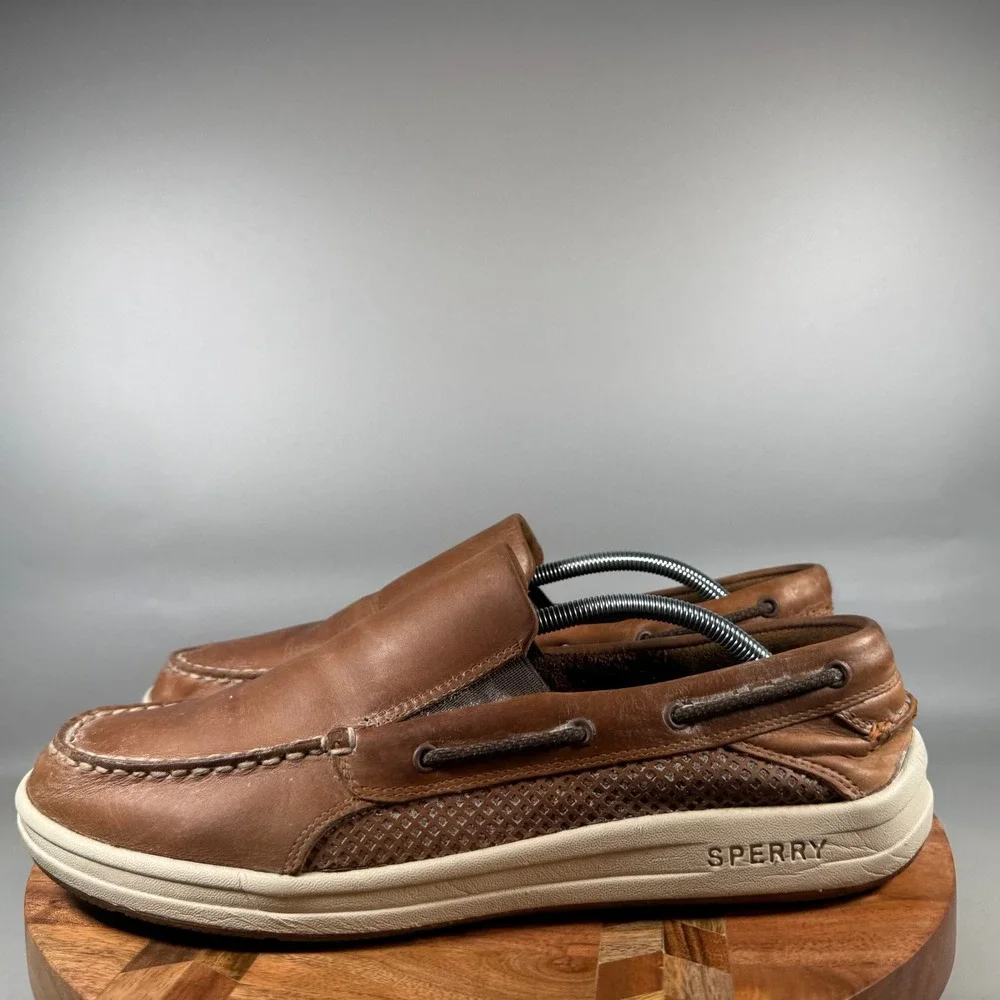 Sperry Mens Brown Leather Slip On Boat Shoes STS16474 Moc Toe Size 13 M